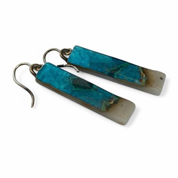 Handcrafted Phoenix Stone Rectangular Drop Earrings Blue Green Silver Hooks - Picture 12 of 14